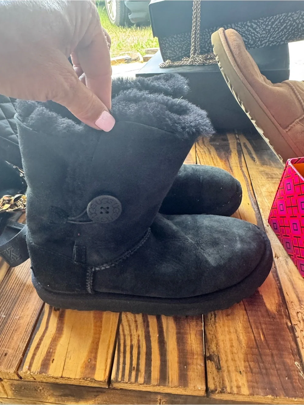 Black Shearling-Lined Short Winter Boots with Button Detail